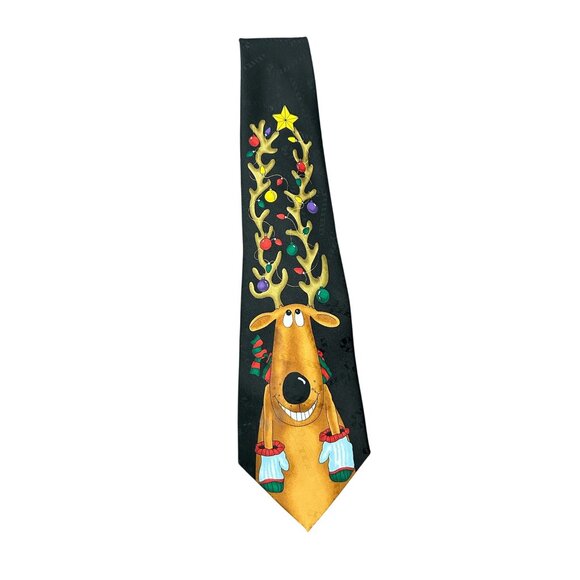 Hallmark Jolly Tie Greetings Reindeer Christmas Necktie Black - Picture 1 of 9